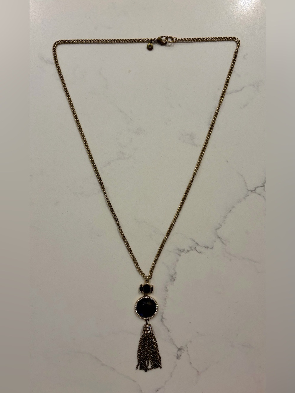 J Crew Gold Tone Necklace with Dark Blue Stone Pendant